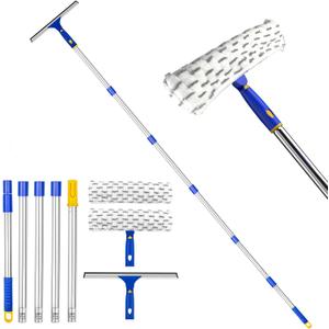 81" Window Squeegee Cleaner, Window Cleaning Tool Kit,12" Squeegee and 11" Microfiber Scrubber Combi with Stainless Steel Pole for Car,Sliding Door,Shower Glass Door-Swivel Style-2 Pads, 81.5"