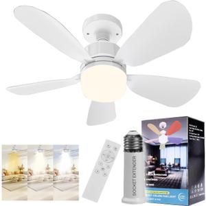 Socket Fan Light with Remote, 18.5" Screw in Ceiling Fan in Light Socket Extender with Timer Setting, E26 E27 Screw-in Replacement Light Bulb Fans for Bedroom, Kitchen, Garage(White)