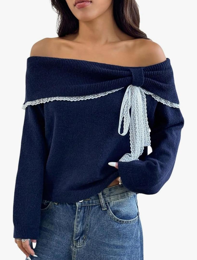 Verdusa Women's Lace Bow Off The Shoulder Sweater Coquette Foldover Knit Tops Trendy Fall Pullovers XL