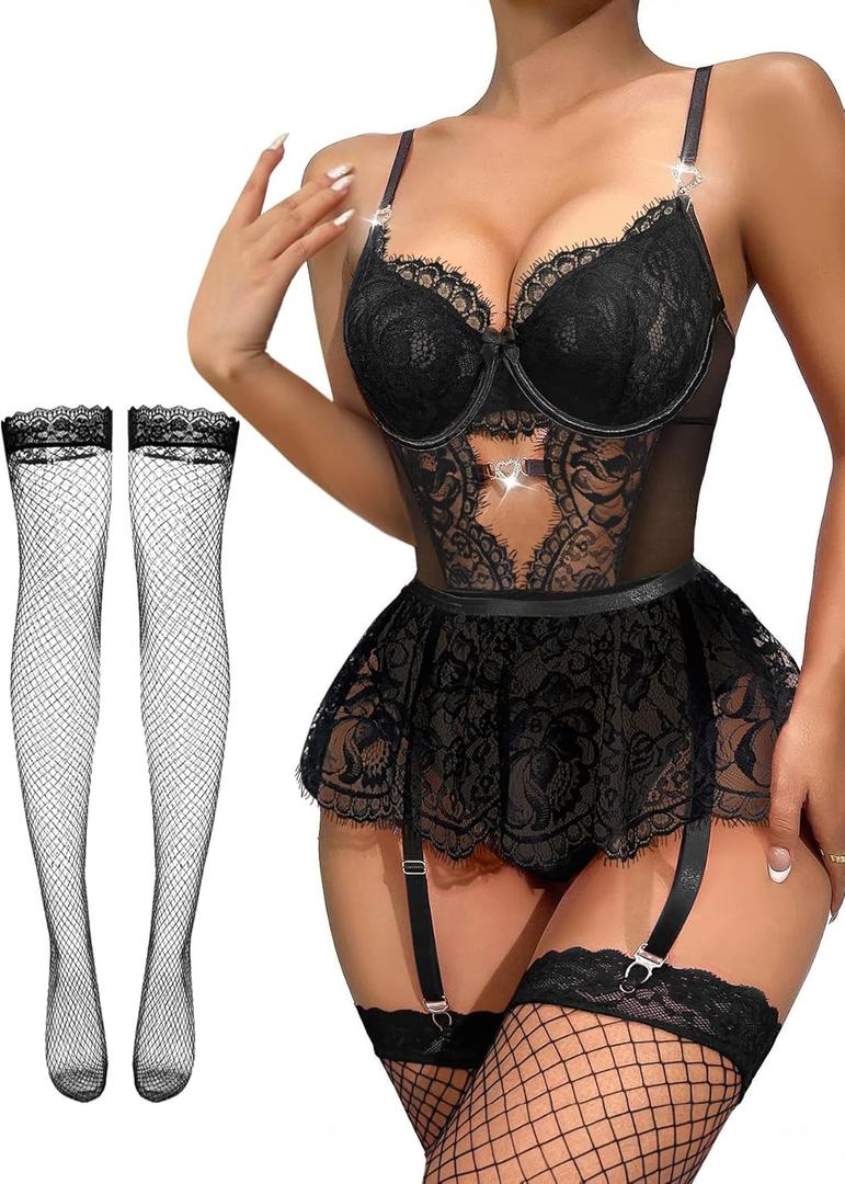 Lilosy Sexy Stocking Rhinestones Heart Garter Underwire Floral Mesh lace Sheer Babydoll Lingerie Teddy Bodysuit Skirt Set (Black, XS)