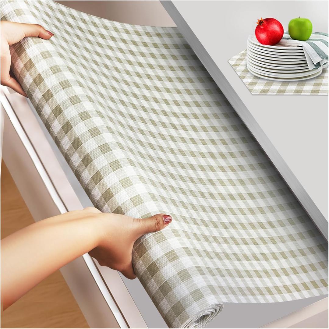Beautysaid Shelf and Drawer Liner for Kitchen Cabinet, Non Adhesive Non Slip Shelf Paper Waterproof Washable Thickened for Dresser Pantry Shelve Bathroom Protector Liner(Checkered,18 in x 20 FT) (Green)