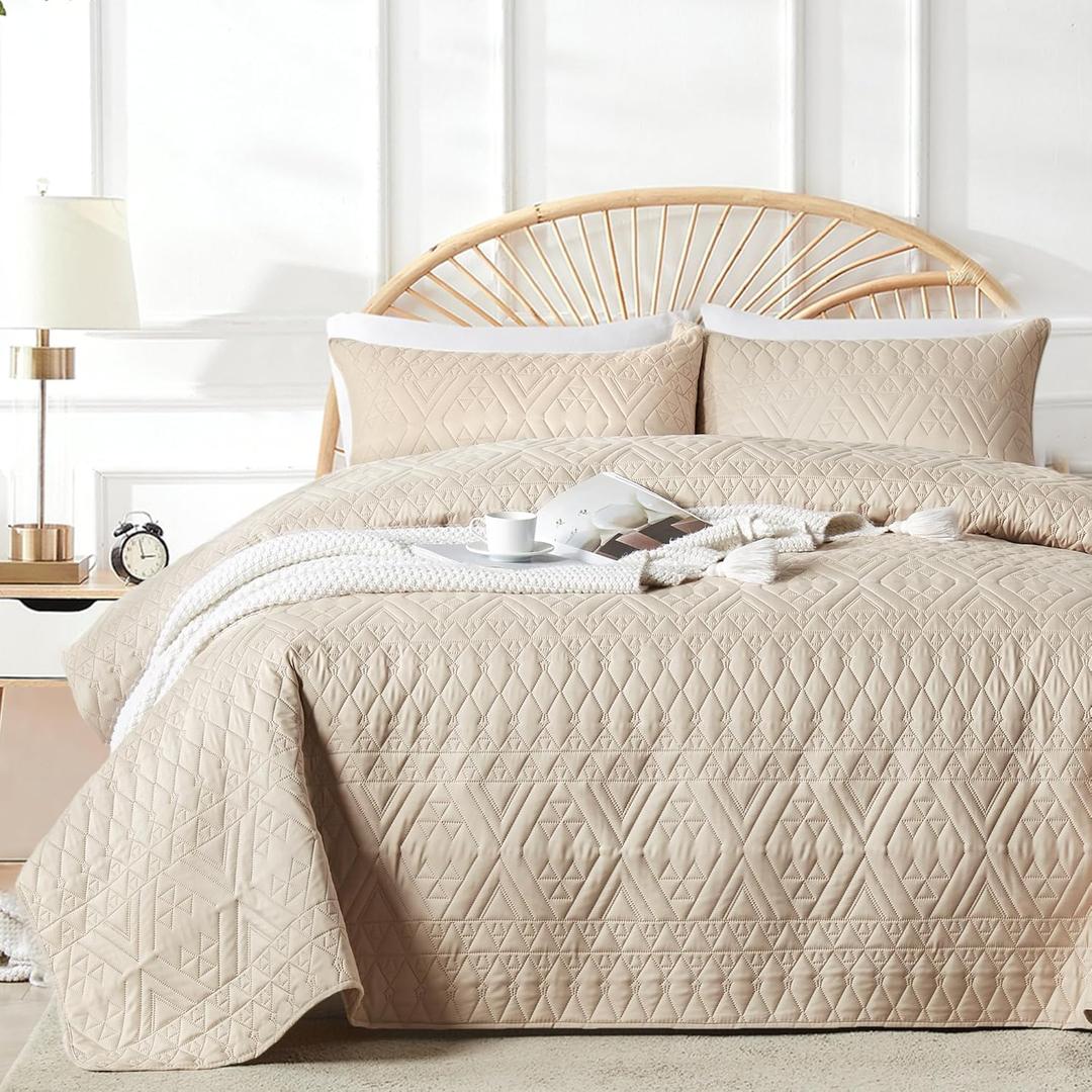 akkialla King/Cal King Size Quilt Bedding Set,Beige Lightweight Microfiber Soft Bedspread,Modern Style Geometric Pattern Coverlet Set for All Seasons, 9h-beige, King/Cal