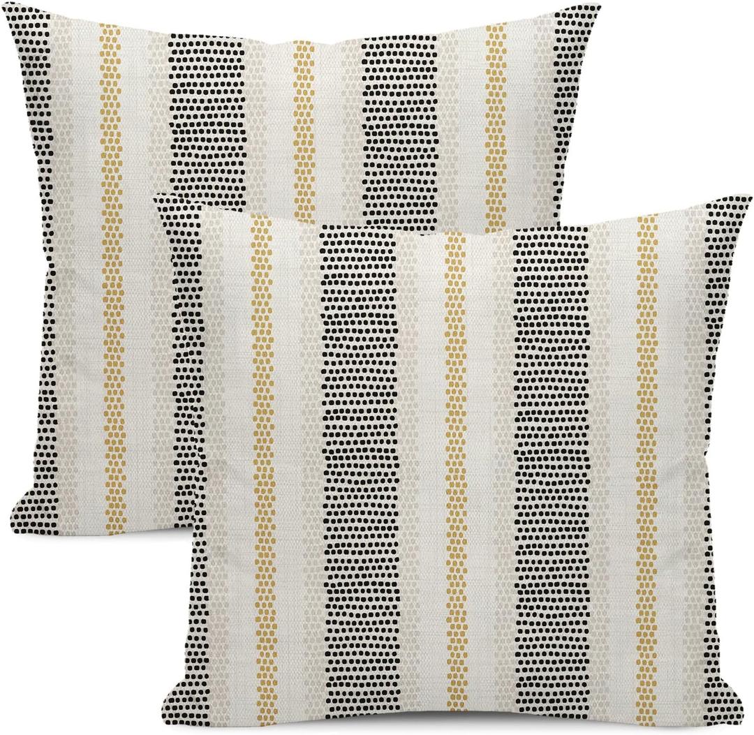 Black Pillow Covers 18x18 Inch 2 Pcs Boho Mustard Yellow Polka Dots Striped Decor Throw Pillows Modern Geometric Outdoor Farmhouse Decoration Pillowcase Linen Cushion Cover for Couch Sofa