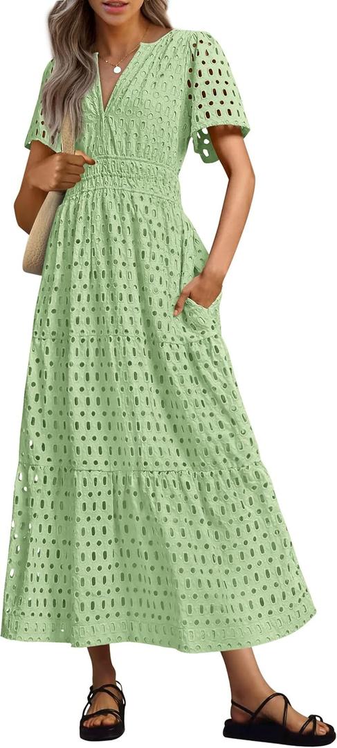 PRETTYGARDEN Women's 2026 Summer Maxi Dress Short Sleeve V Neck Hollow Out Eyelet A Line Long Flowy Beach Vacation Dresses (Bean Green, XX-Large)