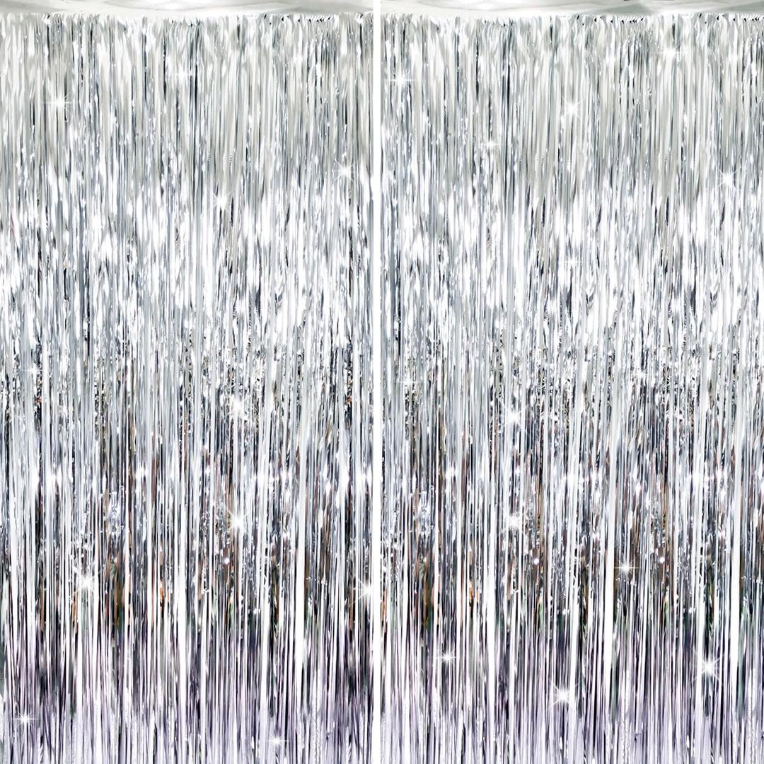 GOER 6.4 ft x 8.2 ft Metallic Tinsel Foil Fringe Curtains,Pack of 2 Party Streamer Backdrop for Birthday,Graduation Decorations and New Year Eve (Silver)