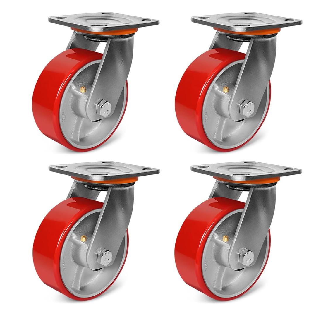 5"x2" Heavy Duty Casters Set of 4-4000 lb Capacity Industrial Caster Wheels with Polyurethane & Cast Iron, Swivel Plate Casters for Platform Trucks, U-Boat Carts, Military Equipment (4 Swivel)