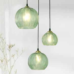 3-Light Glass Globe Pendant Light Kitchen Island, Mid-Century Modern Pendant Ball Chandelier with Green Ribbed, Vintage Hanging Ceiling Light Fixture for Dining Room, Over Sink, Table