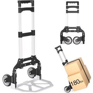 Folding Hand Truck - Aluminum Portable Dolly Cart with Telescopic Handle, Bungee Cord - Compact Lightweight Foldable Luggage Cart for Moving, Home, Auto, 180lbs, Black