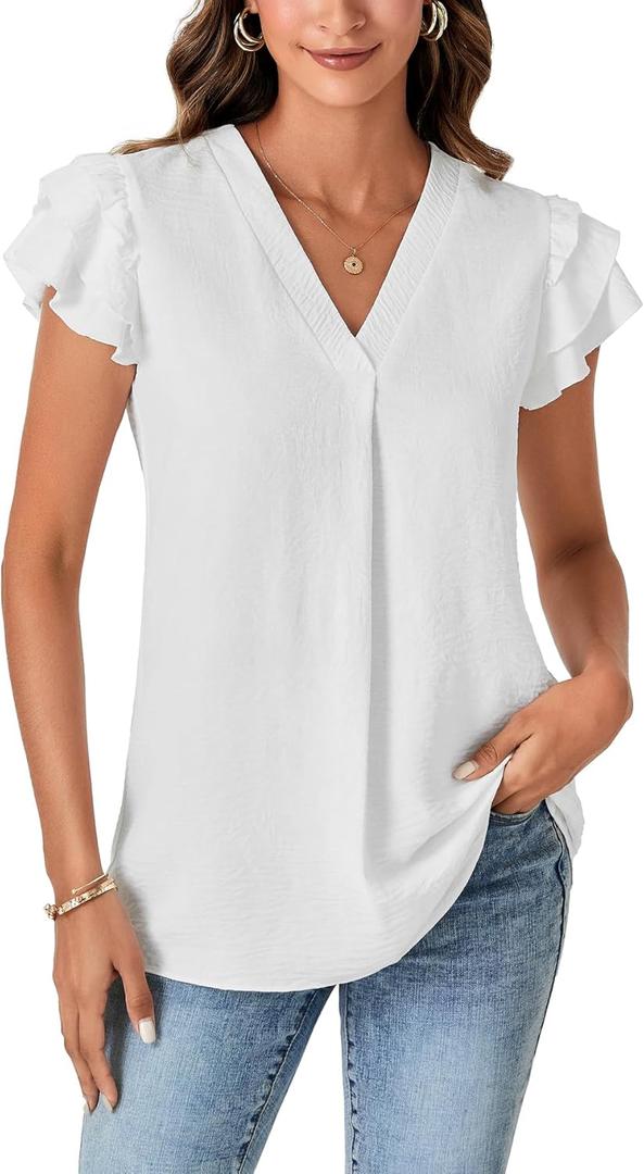 LYANER Women's Casual V Neck Ruffle Short Sleeve Pleated Sexy Chiffon Blouse Shirt Top (White)