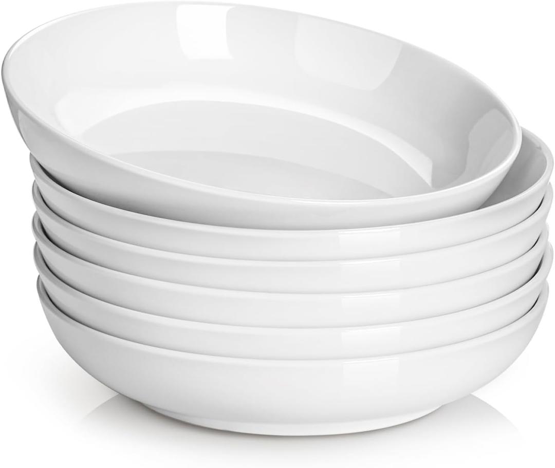 DOWAN 8.5" Pasta Bowls, 32oz Salad Bowls Set of 6, Natural White Ceramic Serving Bowls, Porcelain Plate Bowl Serving Dish Shallow Bowls Set for Kitchen, Microwave Dishwasher Safe