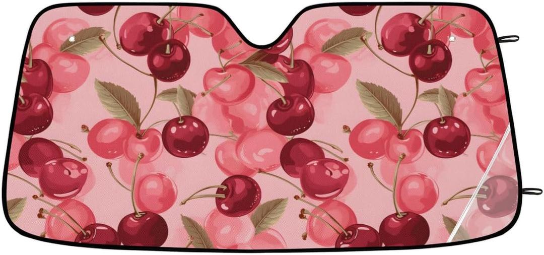 Cute Cherry Car Windshield Sun Shade Fruit Pattern Front Window Sunshades Foldable UV Ray Sun Visor Protector for Sedans SUV Trucks Sun Shield Keep Your Vehicle Cool