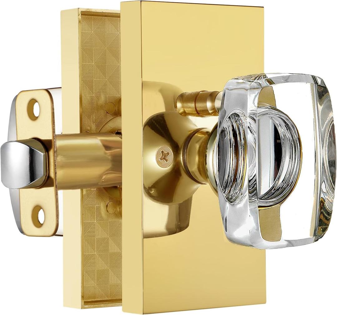 Gold Glass Crystal Door Knobs Interior with Lock, Modern Crystal Glass Privacy Door Knobs for Bedroom and Bathroom, Polished Brass