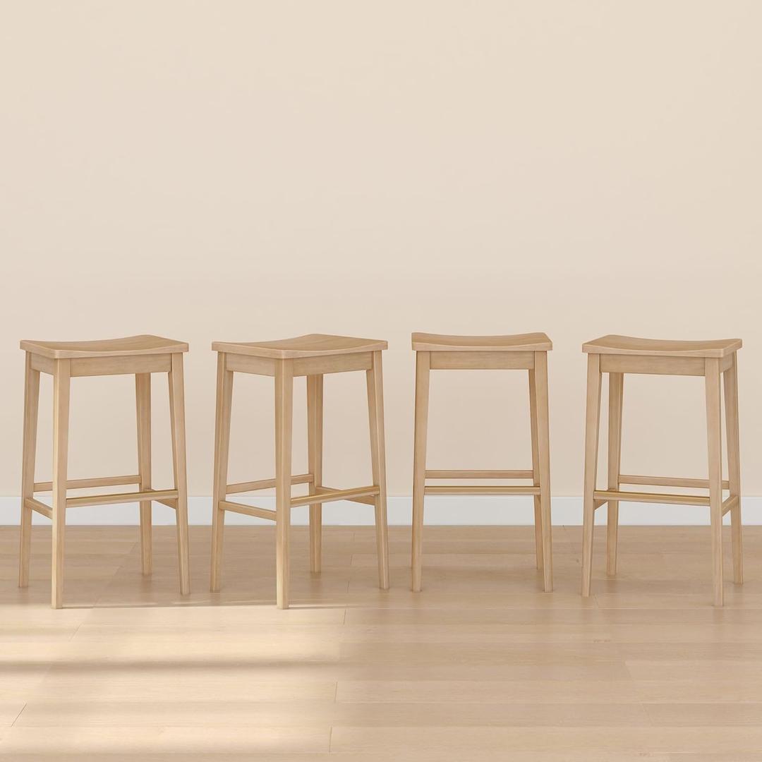 Plank+Beam Smythe Bar Stool, 30", Set of 4, Sturdy Wood Modern Kitchen Bar Height Stool, Saddle Seat Backless Bar Chair, Metal Footrest, Blonde