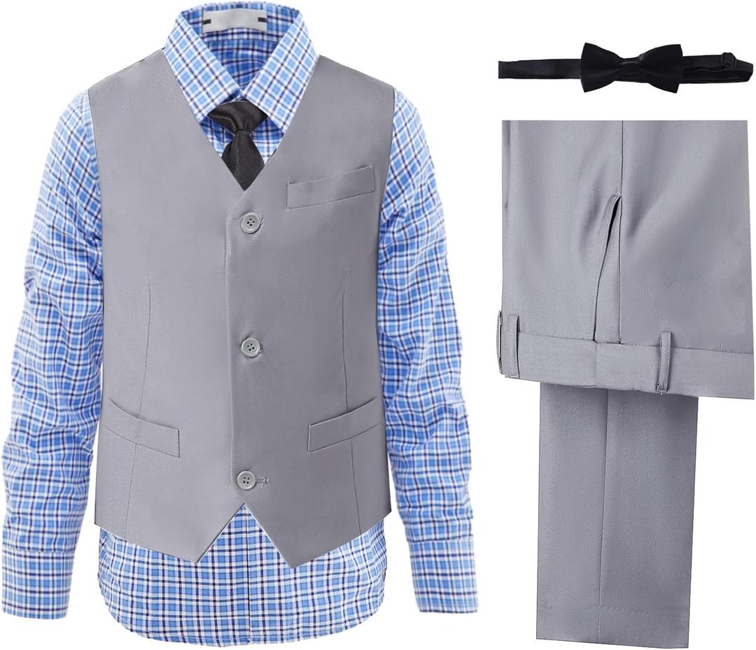 Boys' Suits Formal Slim Fit Tuxedo Boys Vest and Pants Set for Teens Dress Clothes Wedding Outfit with Tie and Bow Tie (2, Light Grey-blue Plaid Shirt)