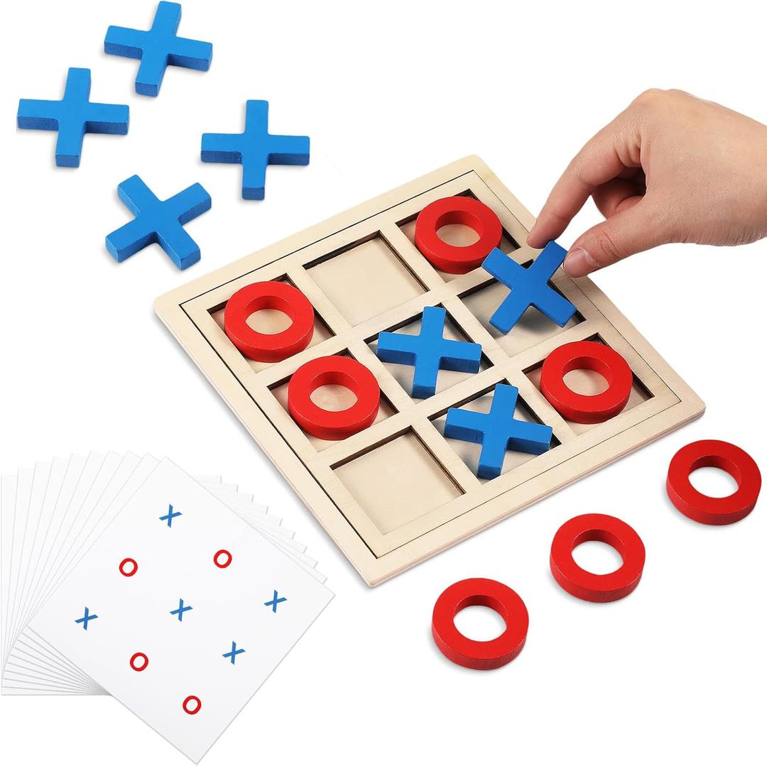 Seenelling Jumbo Wooden Tic Tac Toe Game Dementia Activities for Alzheimers Seniors with Matching and Puzzle Templates XO Chess Board Game for Elderly Engaging Table Decor(Blue, Red)