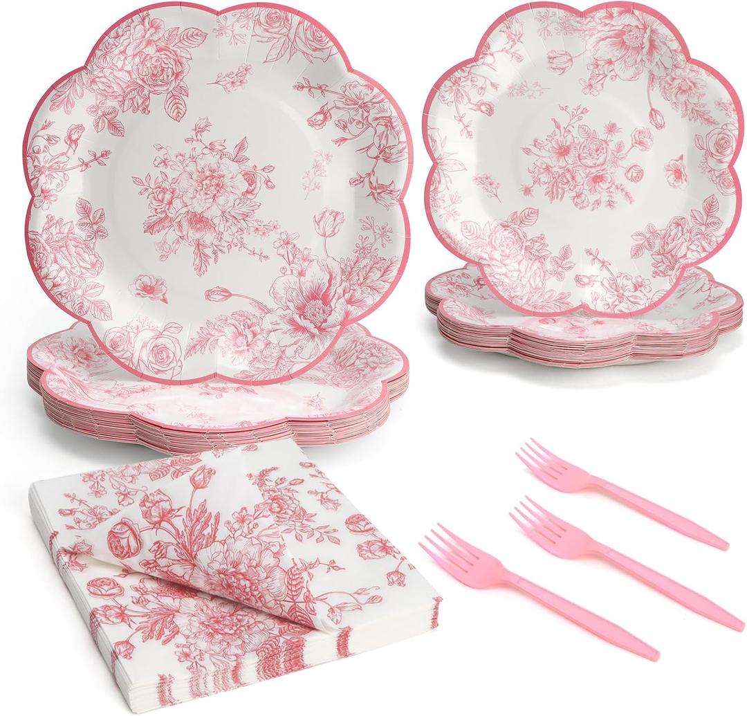 96 PCS Floral Paper Plates, Pink Vintage Floral Paper Plates and Napkins Party Supplies for Birthday Bridal Shower Picnic Tea Time, Serve for 24 Guests