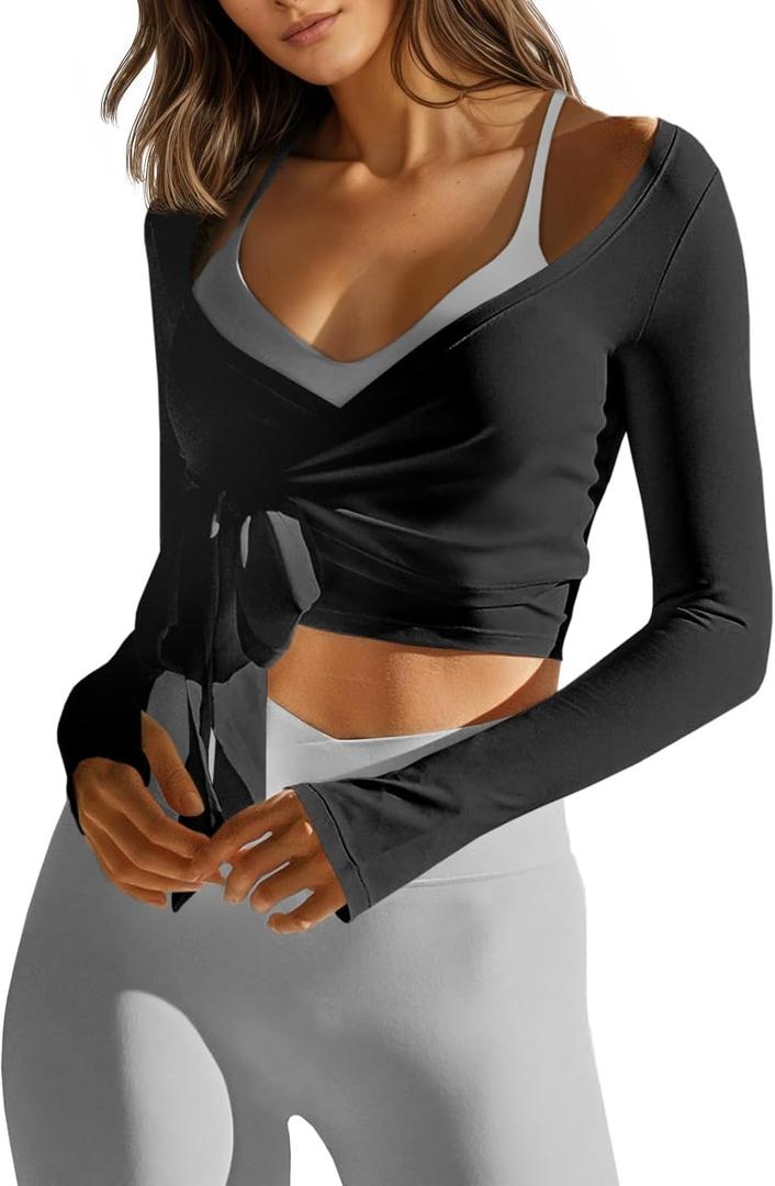 Fisoew Womens Wrap Tie Tops Long Sleeve Workout Crop Wrap Shirts Casual Lightweight Ballet Pilates Yoga Active Tops (Black, S)