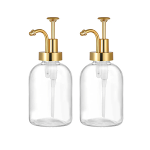 2 Pack Thick Clear Glass Jar Soap Dispenser with Gold Pump, 17oz Clear Boston Round Bottles Dispenser with Rustproof Pump