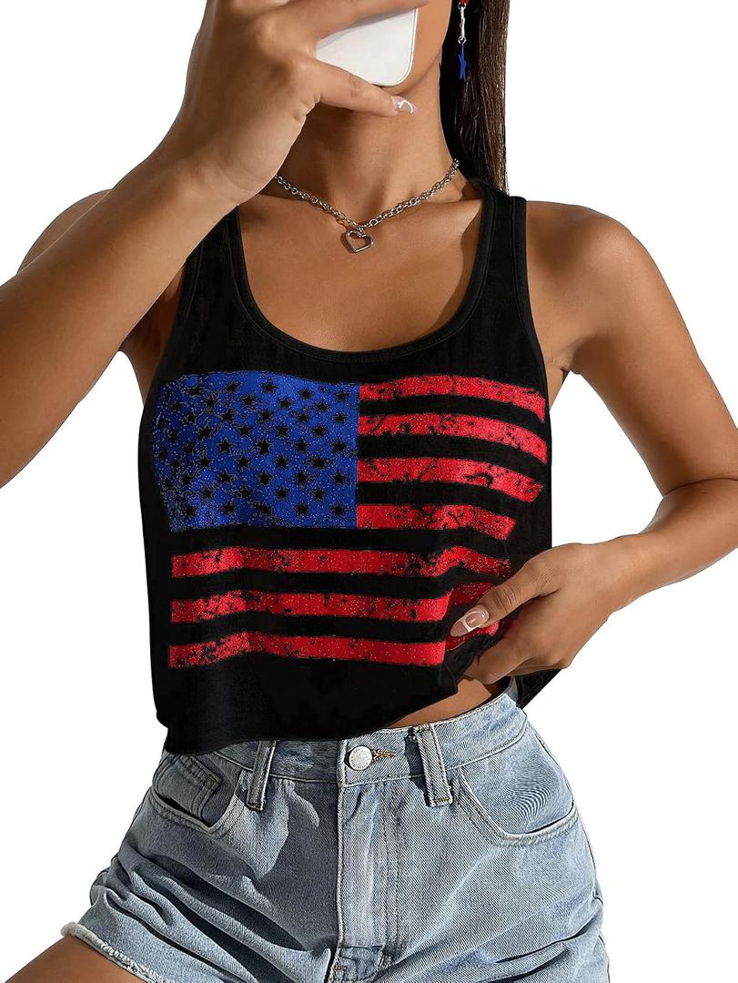 Women's 4th of July Outfits USA Shirt Patriotic Tank American Flag Crop Top (XL)