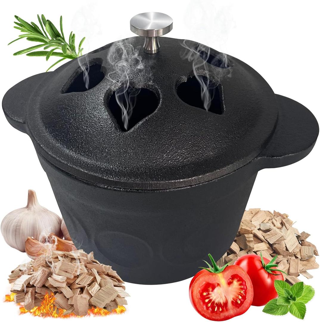 BOLVOUD Cast Iron Smoker Roaster & Garlic Roaster Baker, Pre-Seasoned Dutch Oven, Gourmet Herb Garlic Roaster for Grill Oven, Triple Moon Cast Iron Cauldron with Lid, Wood Chip Smoker Box BBQ Grill