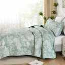 WONGS BEDDING Quilts King Size, Green Quilt Bedding Set with 2 Pillowcases, Botanical Quilt for Queen Bed, Soft Microfiber Lightweight Coverlet Bedspread for All Season (110"×90", 3 Pieces)