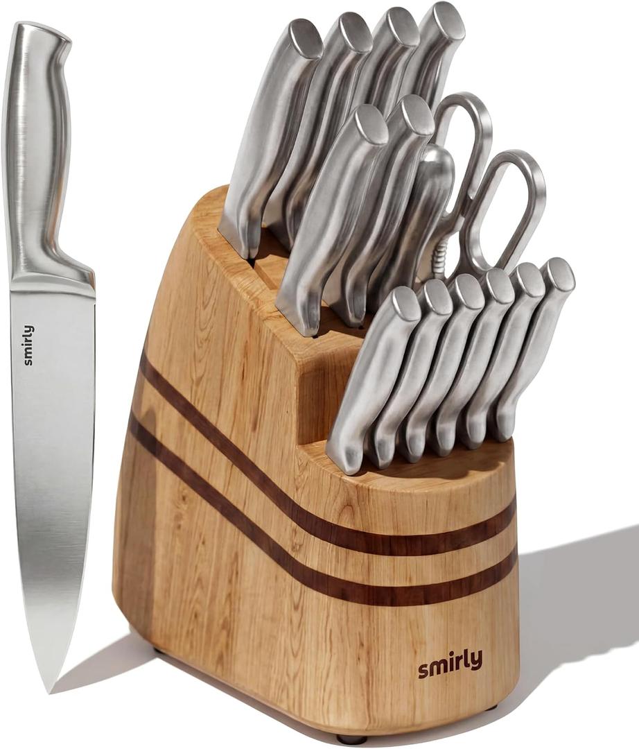 SMIRLY 15 Piece Knife Set with Block - Kitchen Knife Sets with Block and Sharpener - Heavy Duty Wooden Block with One-Piece Design Stainless Steel Knive Dishwasher Safe