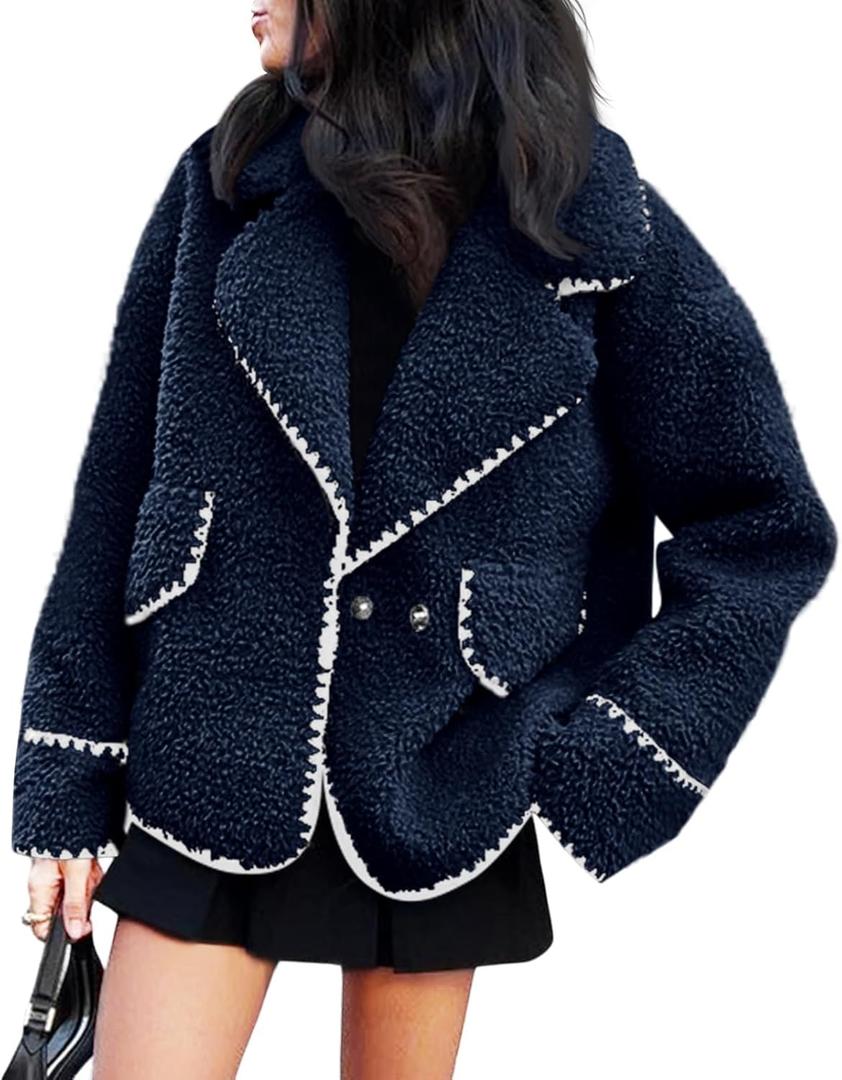 Cicy Bell Womens Sherpa Fleece Jacket Casual Collar V Neck Fuzzy Coats Contrast Trims Open Front Winter Outwear L