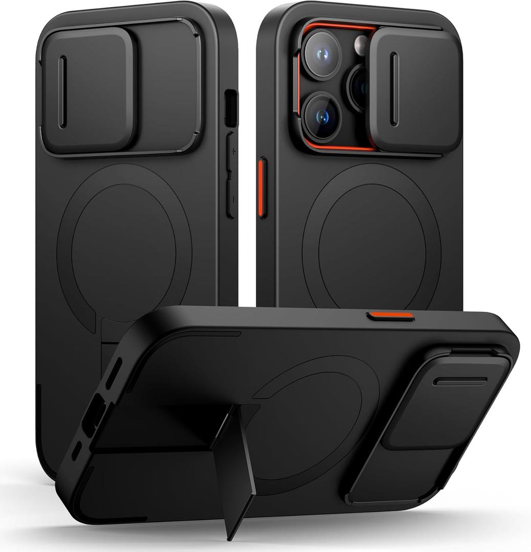 SURITCH for iPhone 14 Pro Case with Magnetic Camera Slide Cover and Adjustable Kickstand, Compatible with MagSafe, Shockproof Bumper Case Slim Protective Cover for iPhone 14 Pro 6.1 Inch, Black