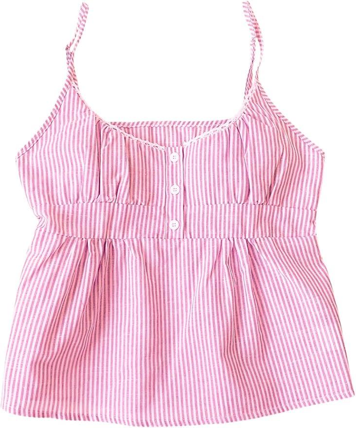 RoseSeek Women's Striped Button Front Flared Camisole Tops Shirred Spaghetti Strap Tank Top, XL