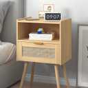 Nightstand, Modern Bedside Table with Storage Drawer and Open Wood Shelf, Accent Night Stand with Solid Wood Legs for Living Room, Bedroom and Small Spaces, Easy Assembly (Oak-Rattan)
