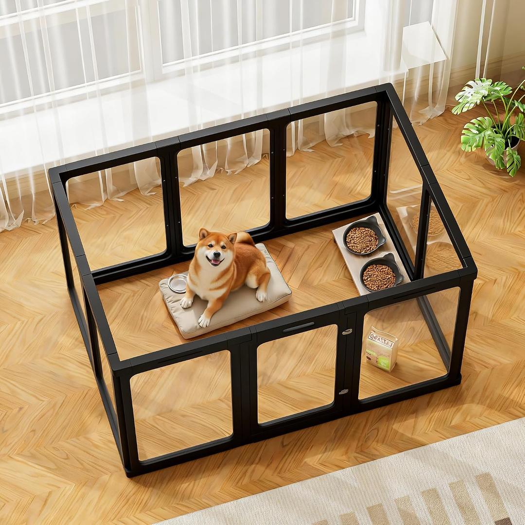 Jalove 30" H Clear Acrylic Plastic Dog Playpen Indoor, 10PCS for Puppy Cat Rabbit Ferret Transparent Pet Pen, Easy Assemble Whelping Crate Kennel Cage Enclosure, Ideal for Small to Medium Dogs, Black
