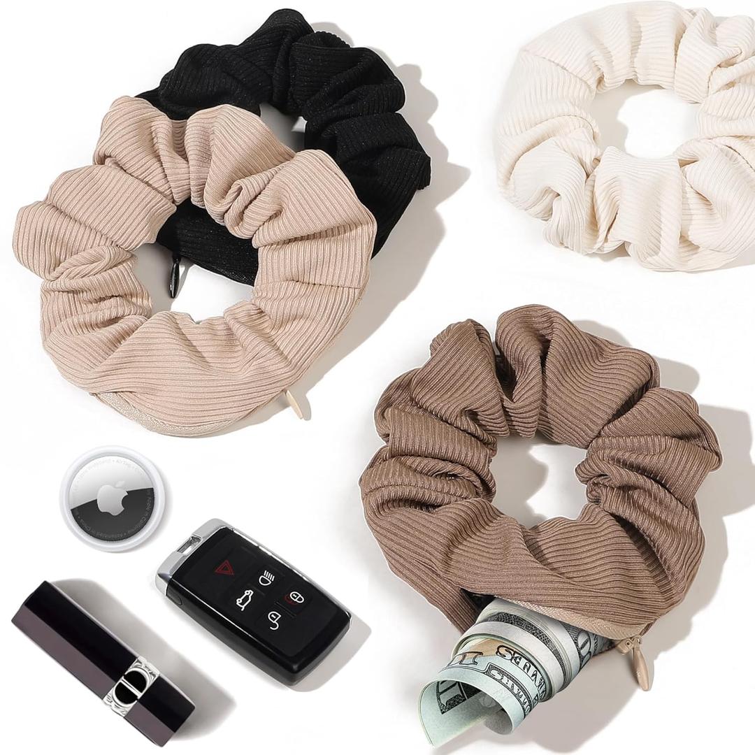 Pocket Scrunchies Hair Ties with Hidden Zipper Stash Scrunchy Ponytail Holder (1 Count (Pack of 4), Hot Color)
