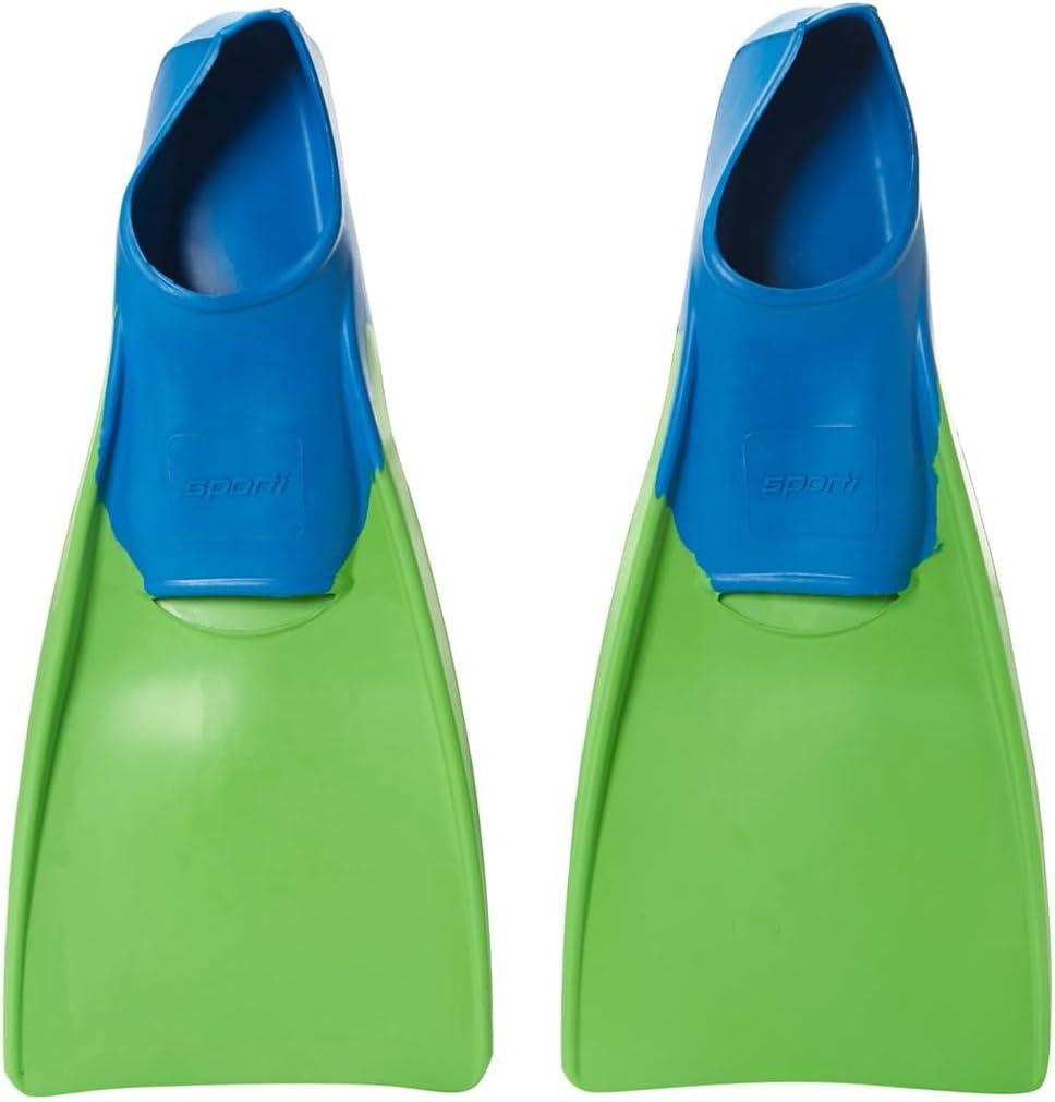 Sporti Adult-Kids Swim Fins for Pool Lap Swimming - Long Floating Fins for Swimming & Snorkeling - Swim Flippers for Training (M 5-6 / W 6-7, Lime-Green-Blue)