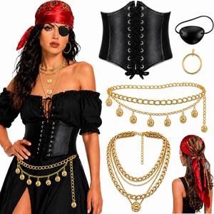 6PCS Pirate Costume Accessories for Women with Head Scarf Bandanas,Eye Patch,Corset,Necklace,Waist Chains,Earring (Red), One Size