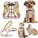 GAMUDA Small Dog Harness Collar and Leash Set, Step in No Chock No Pull Soft Mesh Adjustable Dog Vest Harnesses Plaid Reflective for Dogs Puppy Cats Kitten Rabbit (Beige, S)
