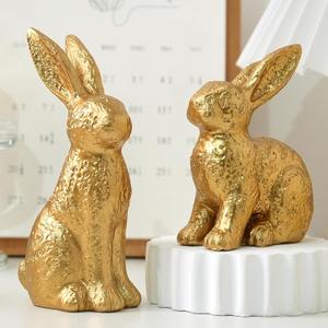 AOMOONOA Gold Bunny Decor, Easter Bunny Figurines Set of 2, Small Rabbit Decor with Metallic Rough Finish, Resin Bunnies for Spring Table Centerpiece, Elegant Home, Mantle Shelf Decor
