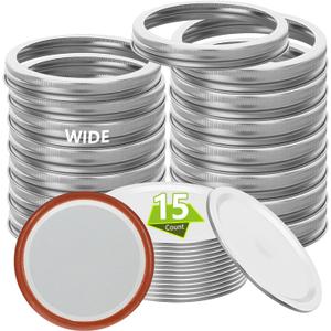 Silver 15Ring+15Lids 86mm/3.38" Canning Lids with Rings Wide Mouth for Canning Jars, Split Lids and Rings Food Grade Material, Fit & Airtight for Wide Mouth Jars (15)