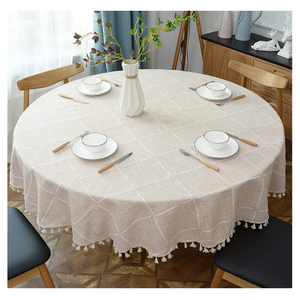 Round Tassel Plaid Tablecloth, Heavy Weight Cotton Linen Fabric Table Cover for Kitchen Dining Tabletop Decoration, Beige, 78" Round