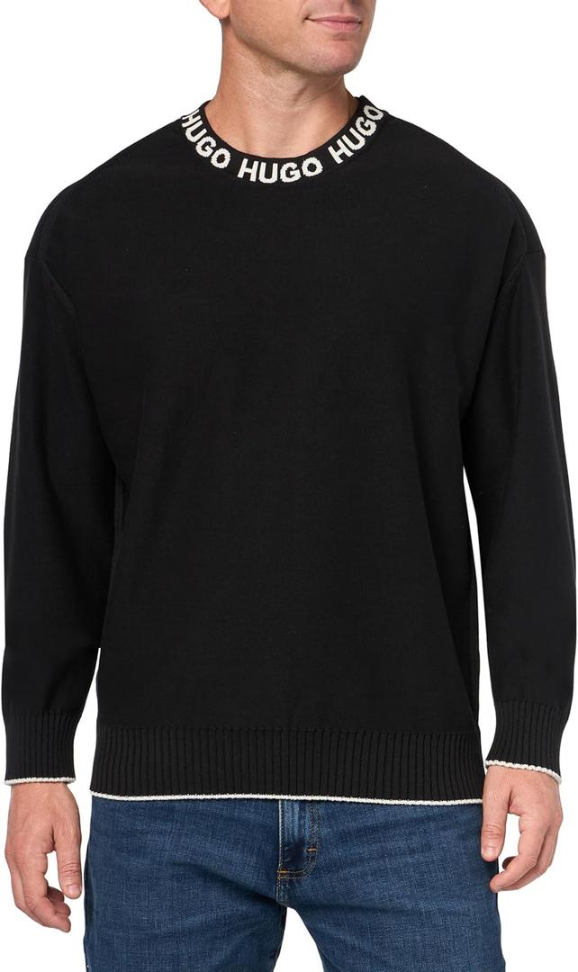 HUGO Men's Repeat Logo Neck Cotton Sweater (X-Large, Black Crow)