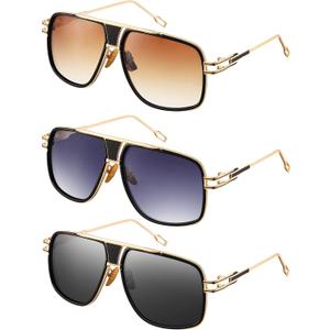 Frienda 3 Pairs Retro Sunglasses for Men Oversized Men Shades Glasses Fashion Alloy Metal Gold Frame Polarized Sun Glasses