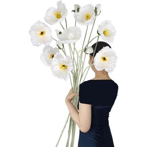Poppy Flowers Artificial,6PCS Faux White Poppies 41.3in Long Stem Artificial Flowers for Tall Vase Wedding Party Office Decor(White)