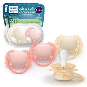 Philips Avent Ultra Soft Pacifiers - Orthodontic Design, for Babies 0-6 Months, Flexible Shield, Silicone Symmetrical Nipple, BPA-Free, 2 Sterilizing Cases, 4 Pack, SCF091/47 (pink)