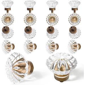 Crystal Cabinet Knobs Cabinets Knob, 16 Pack Flower Antique Brass Vintage Glass Clear Crystal Small Pull for Closet Dresser Drawers Cupboard Wardrobe, Alloy Retro Pulls Old Style Bronze Drawer Handle