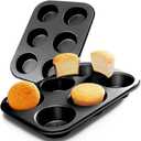 2 Packs Premium Steel Muffin Pan for Baking, Round Muffin Baking Pan, Baking Tray for Muffins, Cupcakes, Brownie(Black, 6 Cup)