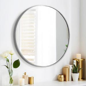 SCWF-GZ 24" Round Mirror Circle Wall Mounted Hanging or Against Wall Aluminum Alloy Metal Frame Dressing Make-up Mirrors for Entryway Bedroom Bathroom Living Room 24 inch Silver