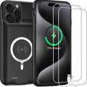 Battery Case for iPhone 15 Pro Max, 12000mAh High-Capacity Protective Rechargeable Extended Charger Cover Compatible with iPhone 15 Pro Max (6.7 inch) Wireless Charging Case Support Carplay - Black