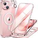 Miracase Glass Series for iPhone 15 Case [Compatible with MagSafe] Full-Body Magnetic Case with Built-in 9H Tempered Glass Anti-Fingerprint Screen Protector + Camera Lens Protector, Clear Pink