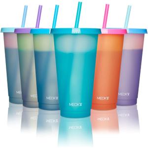 Meoky 12Pack Plastic Cups with Lids and Straws 24oz Reusable Color Changing Cups for Adult Kids Cold Coffee Drinking Tumblers Summer Party Cups