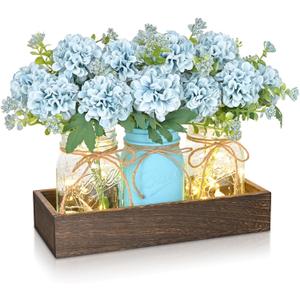 BLEUM CADE Centerpiece Table Decorations - 3Pcs Hydrangea Artificial Flowers in Mason Jars with Wood Tray for Dining Table Coffee Table Farmhouse Home Decor (Blue-hydrangea)