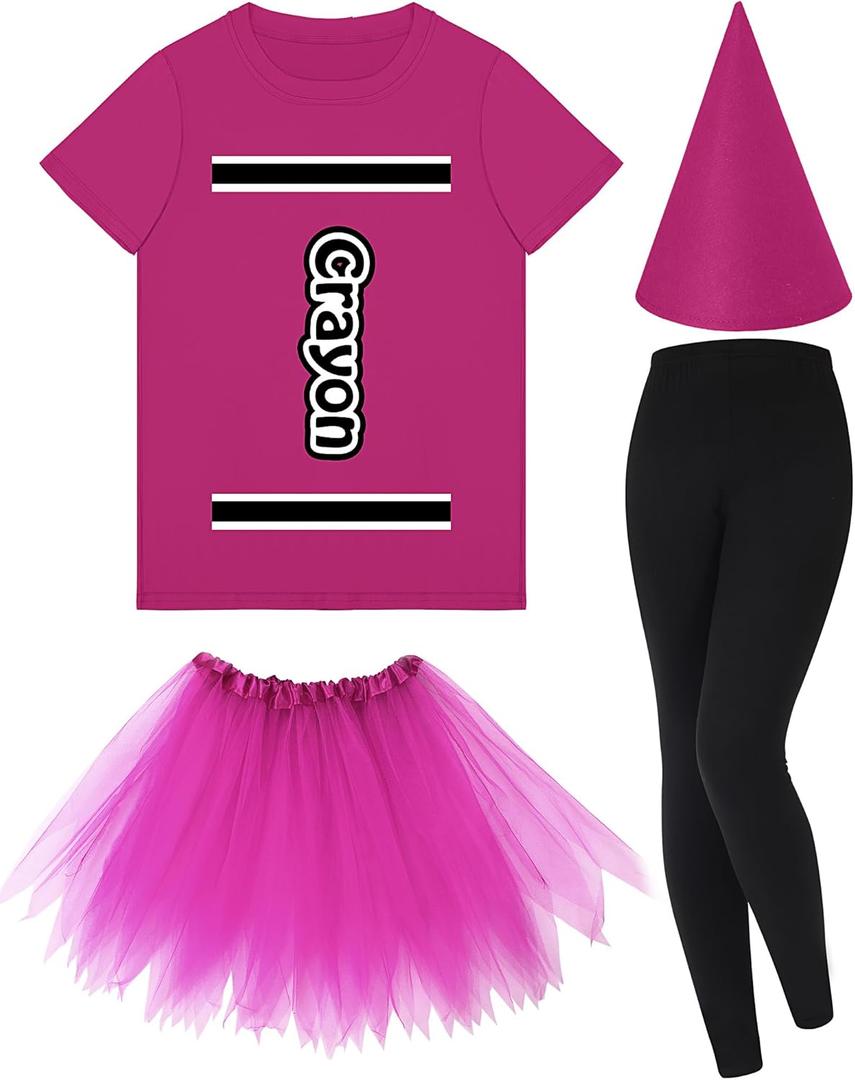 Mepase Crayon Costume Set Crayon T Shirt Tutu Skirt Gnome Cone Hat Leggings for Women Teacher (Medium, Rose Red)